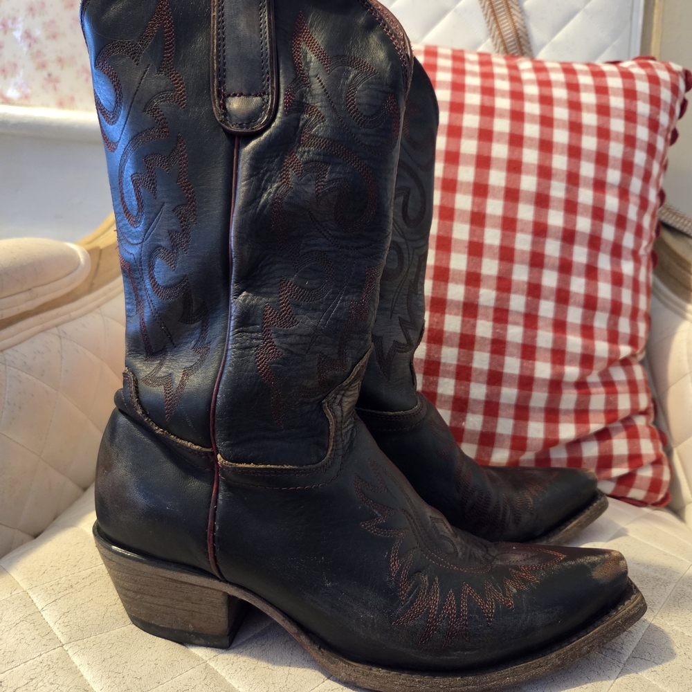 HOLD -Freebird by Steven Black Leather Western Heeled Boots with Brown Stitching